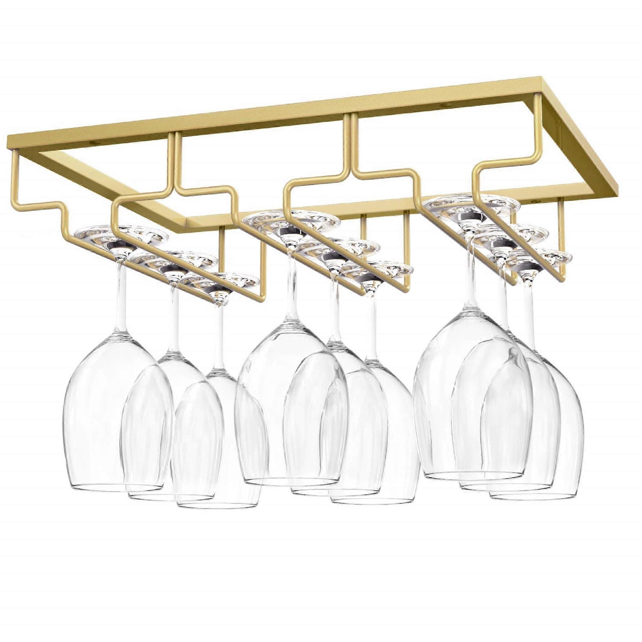 Wine Glass Rack Gold 3 Rows Stemware Holder for Under Cabinet Space Saving Bar Kitchen Storage
