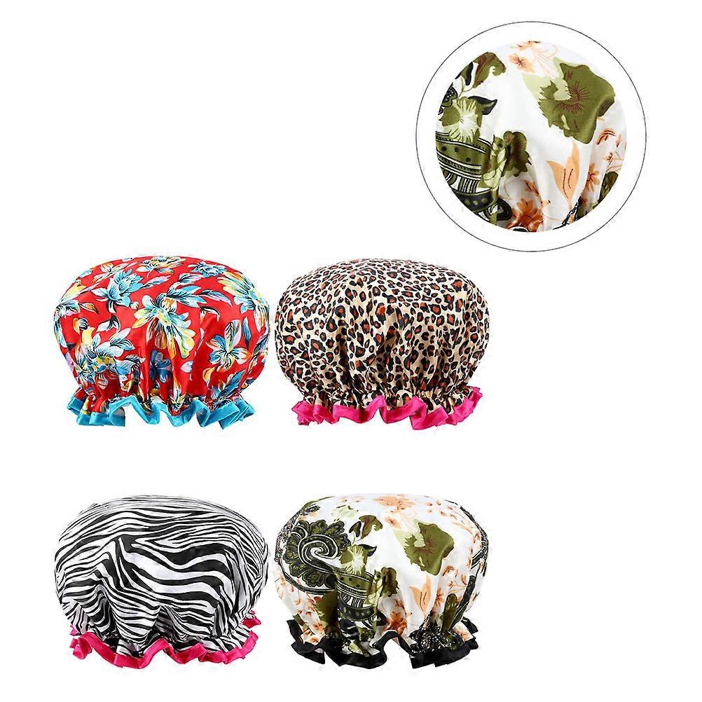 Double Layer Waterproof Shower Cap for Hair Protection 4Pcs Assorted Color