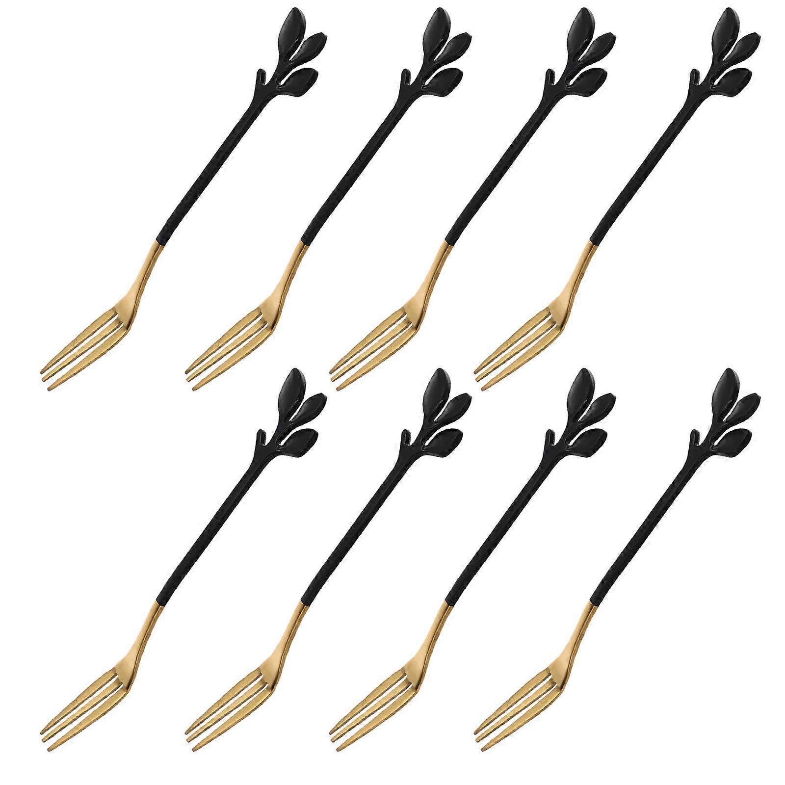 Black Gold Leaf Fork 8Pcs Metal Fruit Forks for Cake Serving