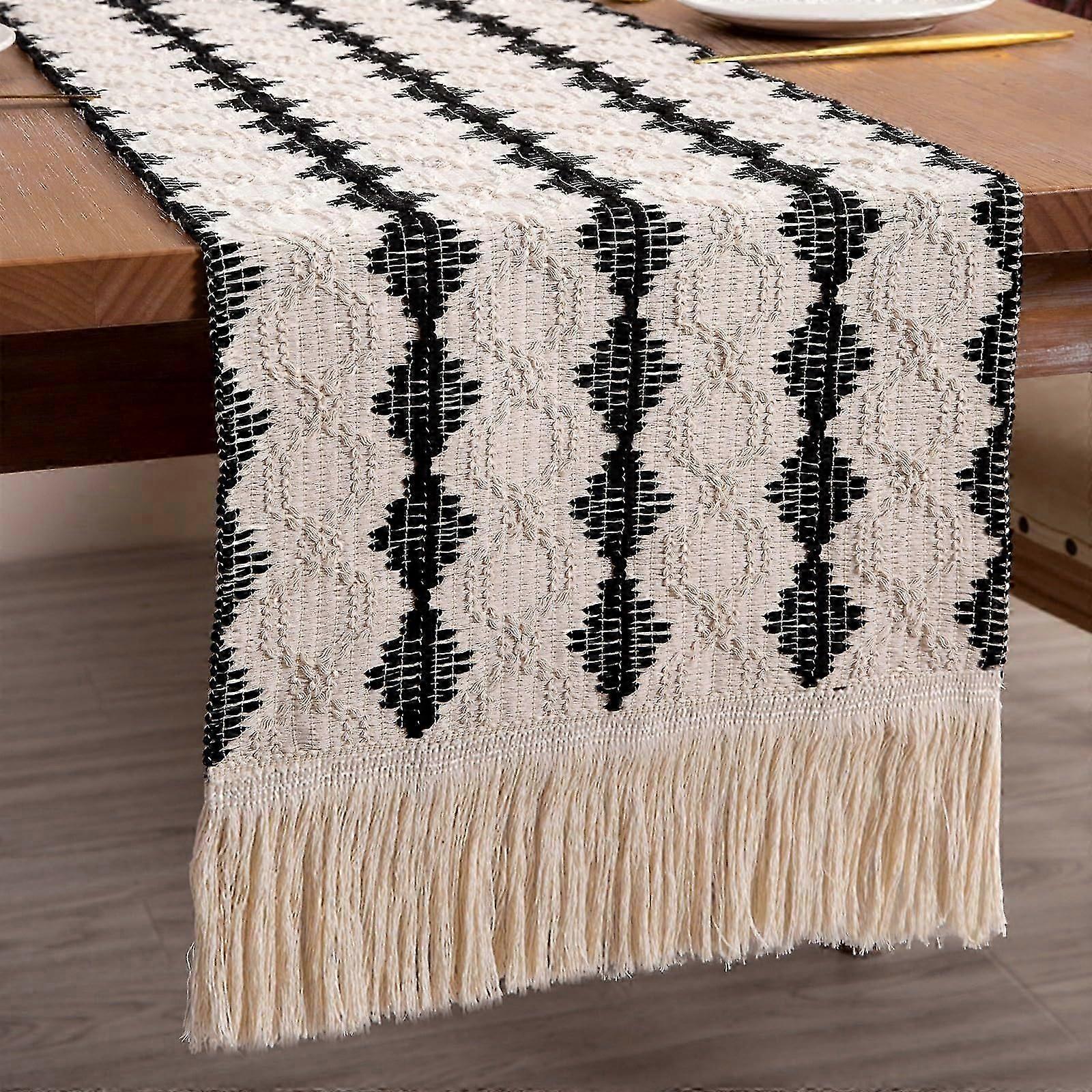 Cotton Linen Macrame Table Runner with Tassels for Rustic Dining Decor (30x180cm)