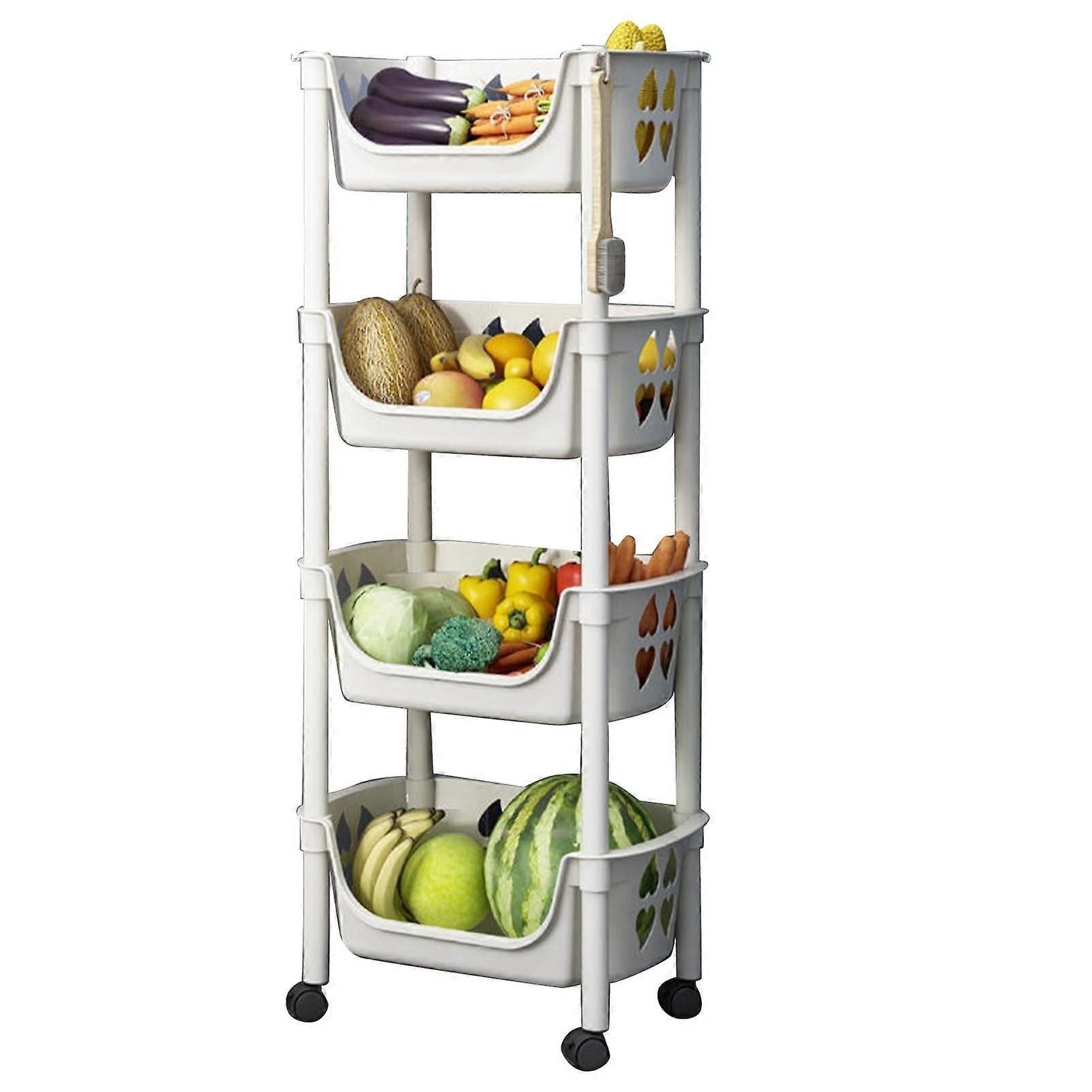 4 Tier Rolling Utility Cart with Wheels, Beige MultiTier Durable Plastic Kitchen Storage Shelf for Home