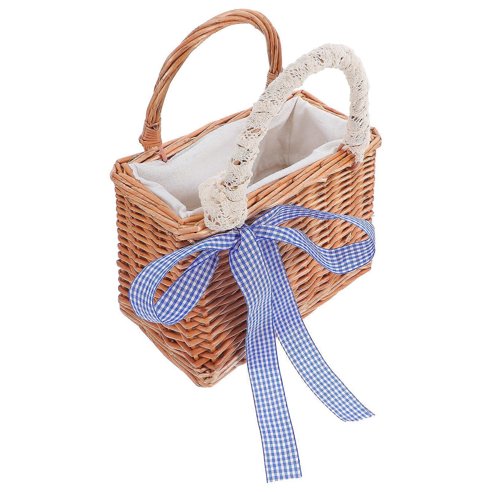 Square Wicker Basket Handwoven Flower Handbag for Wedding