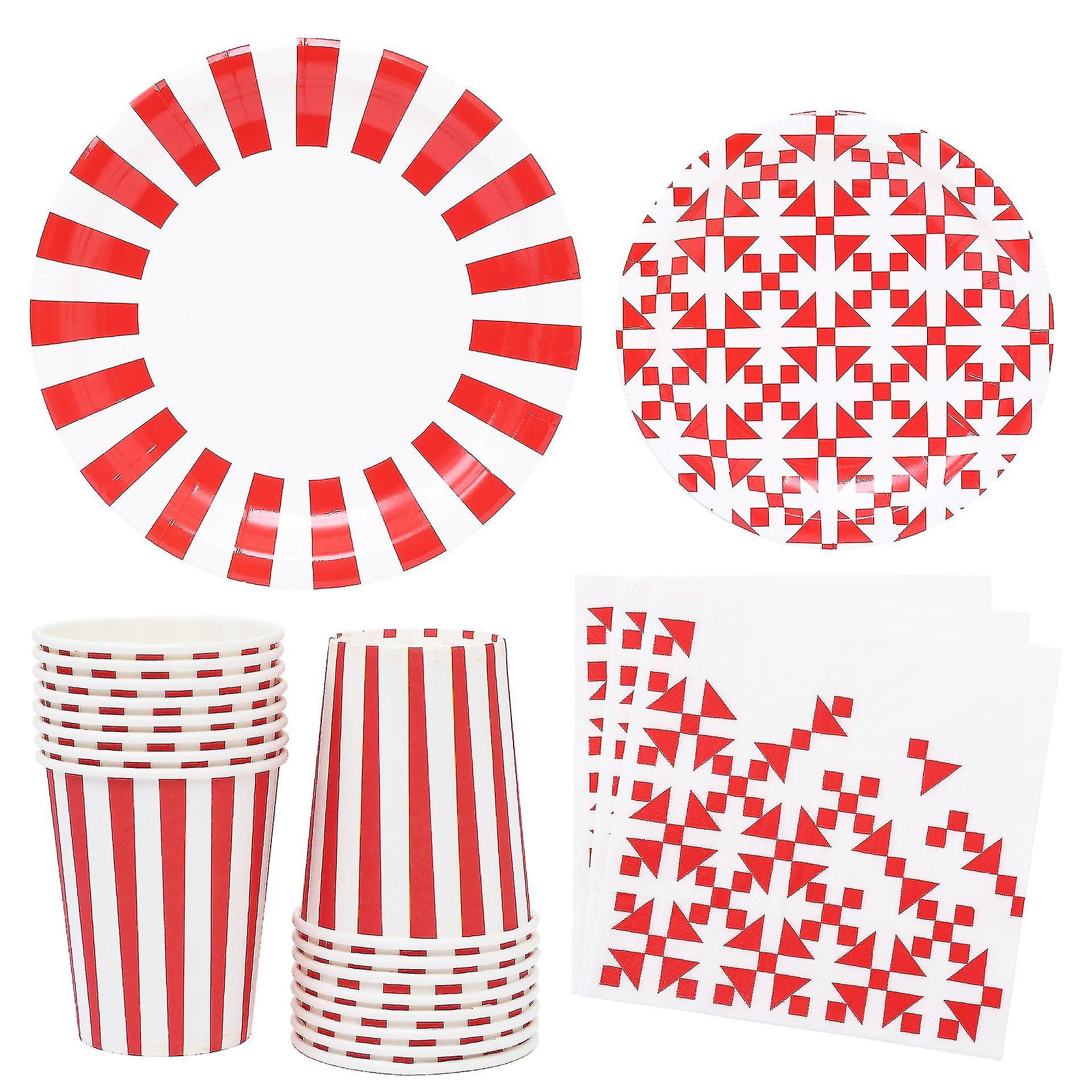 16 Guests Party Red Stripe Disposable Tableware Paper Plates Cups Birt