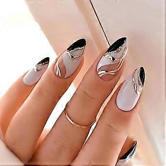 Unhas postiças pretas em formato de amêndoa com listras douradas, unhas curtas de acrílico, unhas prateadas para mulheres, 24 unidades.