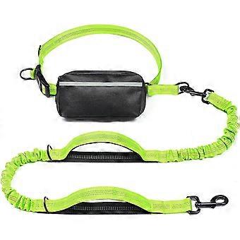 Håndfri hundesnor med lynlåspose, dobbelte polstrede håndtag og holdbar bungee til at gå, jogge og løbe din hund (medium, 8-25 lbs, grøn)