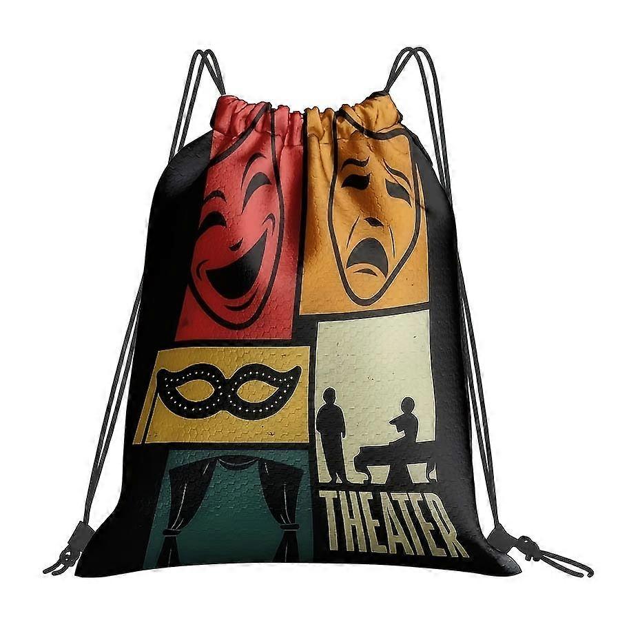 1pc 2D Printed Dramatic Mask Pattern Drawstring Gym Bag - Vintage Theater Element Drawstring Backpack, Durable Polyester-Cqazw