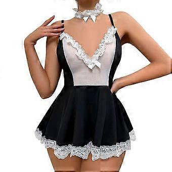Women's Sexy Lingerie Set With Garters, Pleated Babydoll Style, Open Front Lingerie, White, Size M