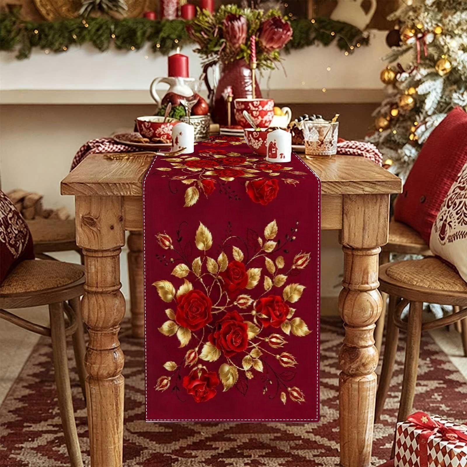 Deep Red Rose & Gold Leaf Floral Table Runner with White Stitched Border