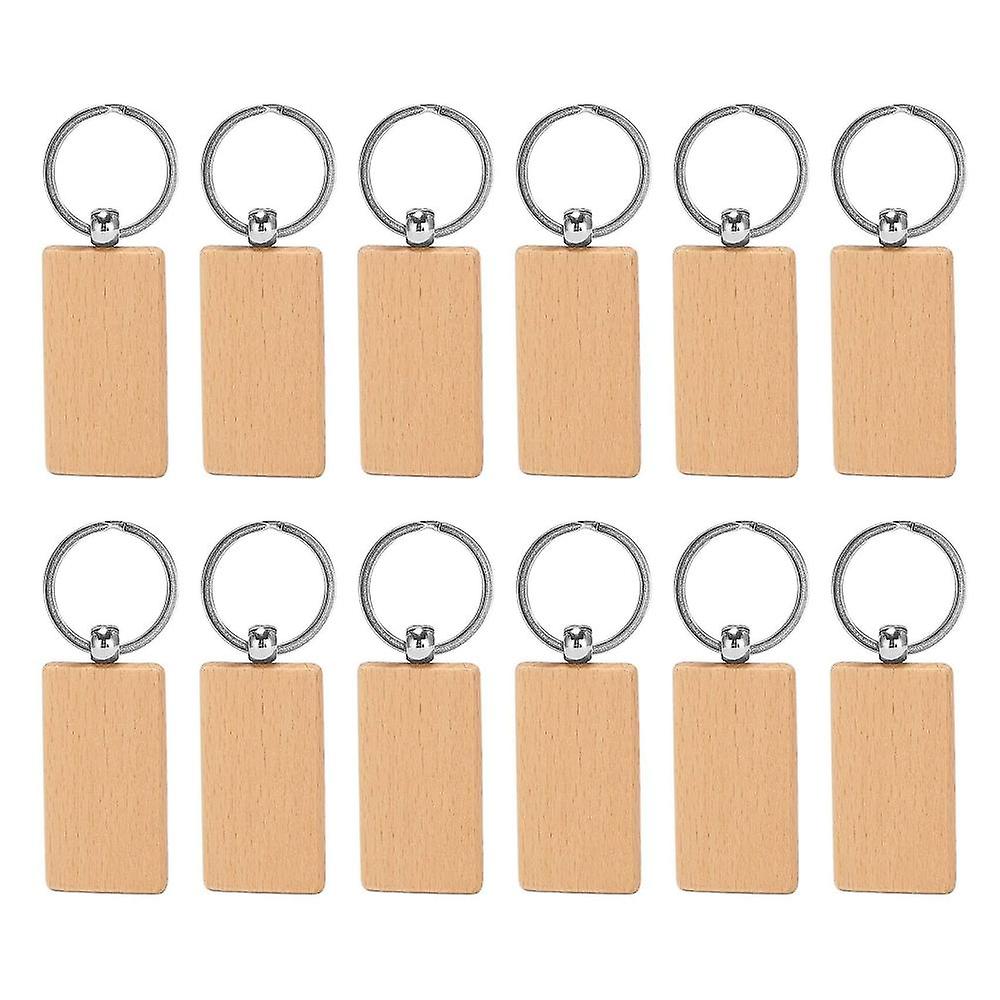 12 Pcs Blank Wooden Key Chain Rectangle Key Chain Tags Wood Keychains Key Ring For Diy Craft