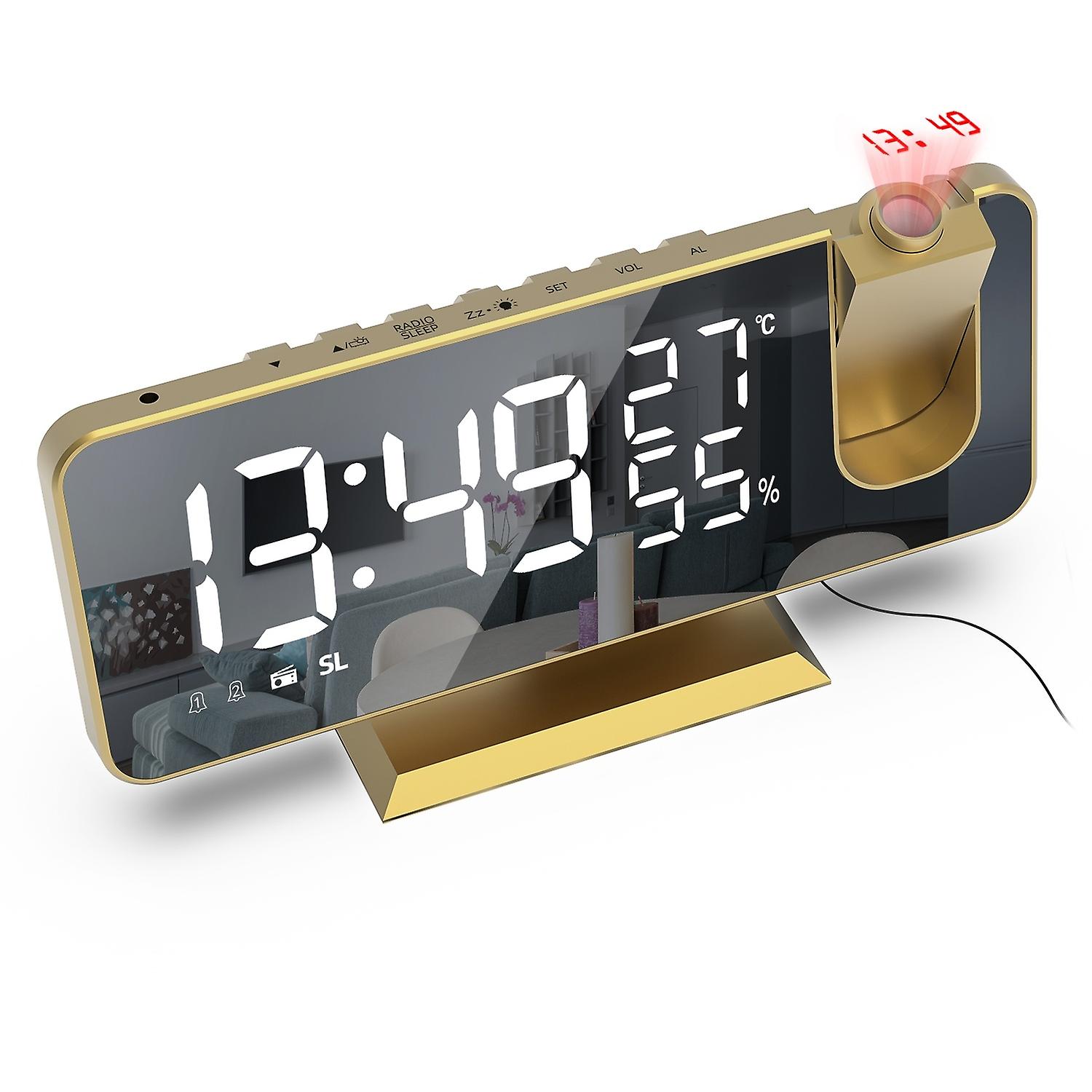 Mirror Surface LED Radio Projection Alarm Clock 8827 (Gold+White Characters)