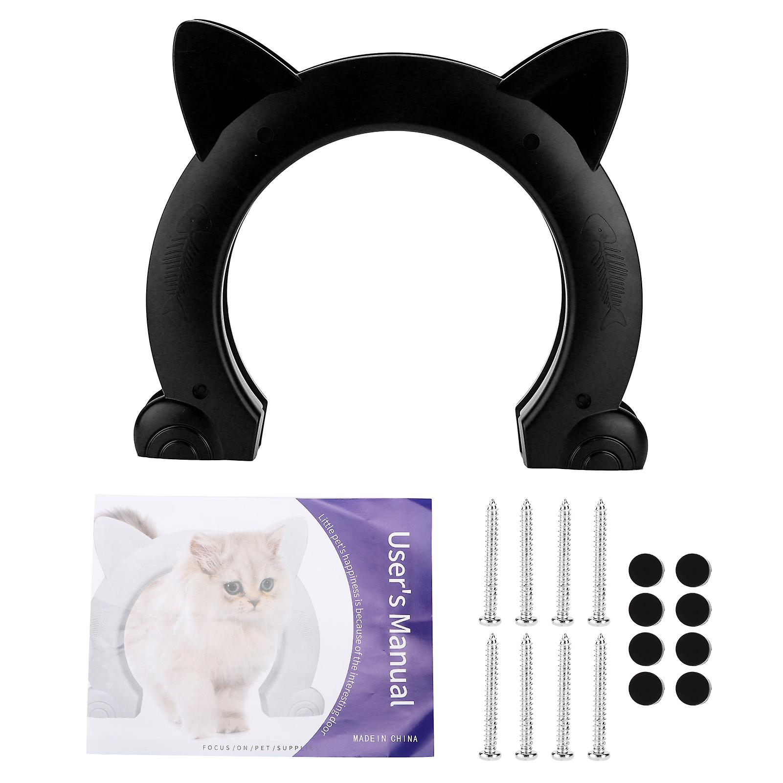Cat Door Interior CatHead Shaped Plastic Cat Pass Through Door with Fish Bone Pattern(Black )