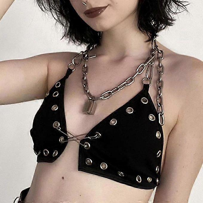 Halloween Crop Top ,Black Solid Camisole With Chains Off Shoulder