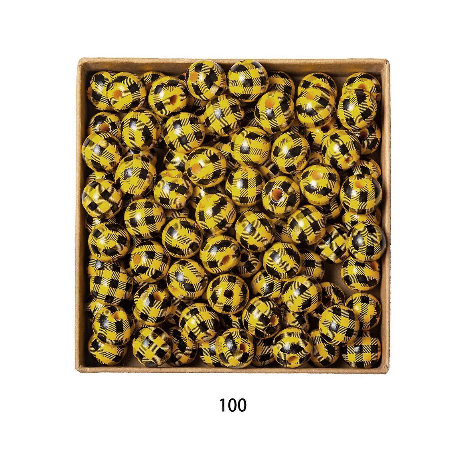 100pcs Wood Beads Plaid Pattern Delicate Round Space Beads 16mm Yellow