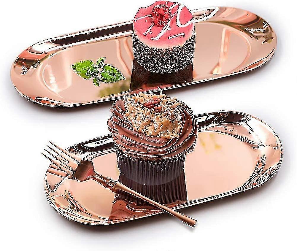 2 Pieces Rose Gold Platter Serving Trays Buffet Storage Plate - Oval Large Rose