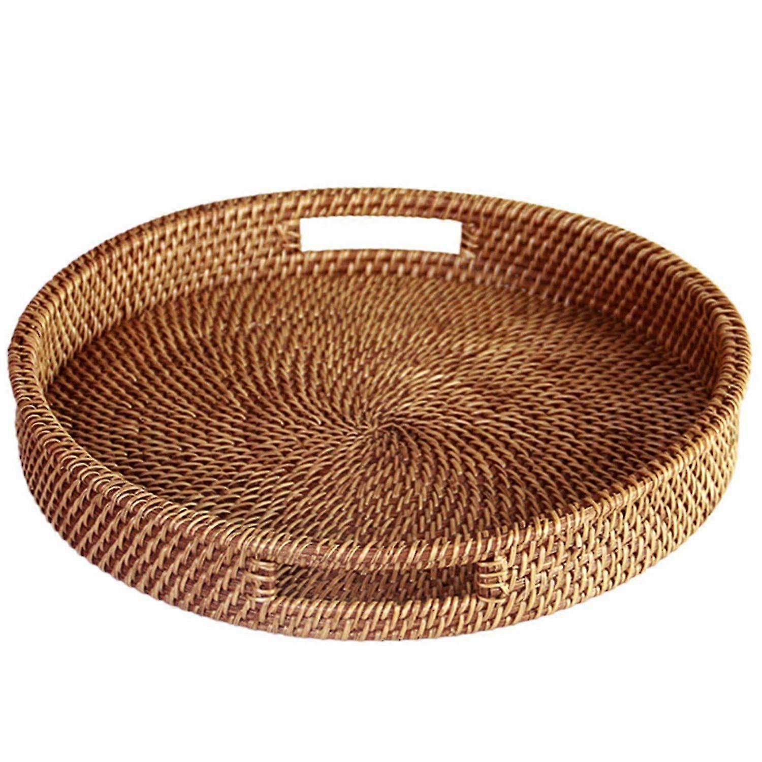 Rattan Tray With Handle - Hand-woven Multi-purpose Wicker Tray With Durable Rattan Fiber (round 13.
