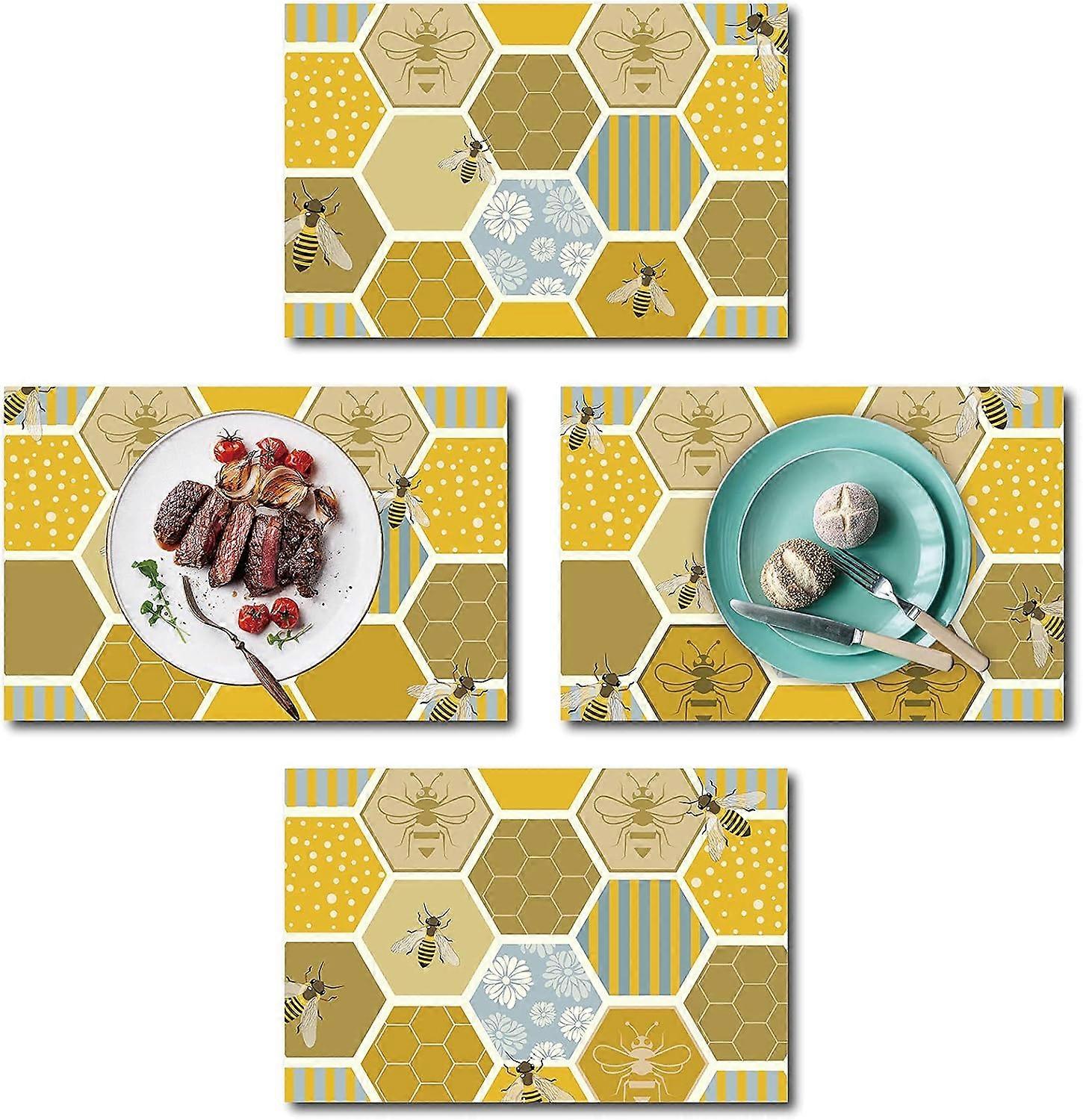 Bee Placemats Set of 4 Chrysanthemum Table Mats Honeycomb Flower Summer Natural Soft Linen Fabric Kitchen Non-Slip Insulation Washable for Holidays We