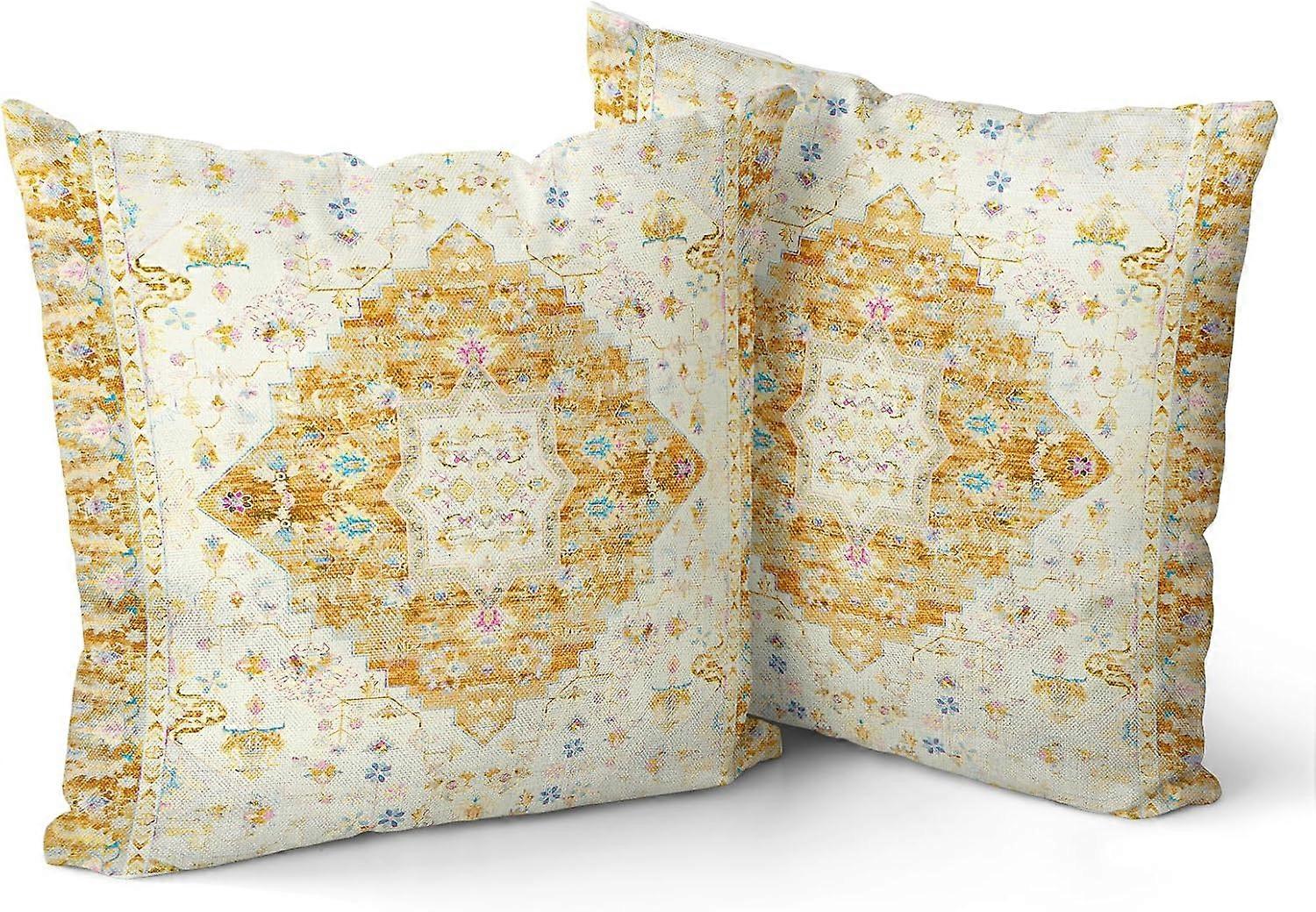 Boho Pillow Covers 18"x18" Set of 2 Brown Bohemian Carpet Double Sided Pattern Linen Pillowcases Cushion Cover for Farmhouse Couch Sofa Bed Decorative