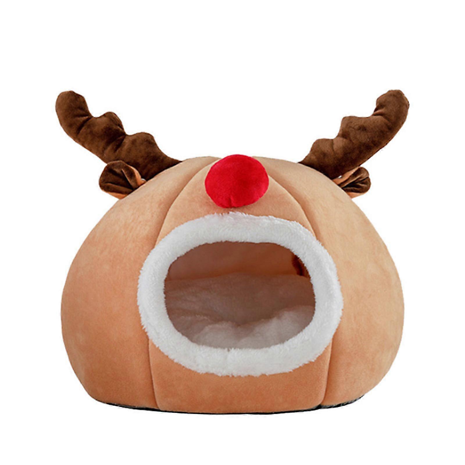 Christmas Pet Nest Cute Reindeer Sponge Dog Rest Pad Autumn Round Cat Cave-s (non-detachable And Machine Washable) Suitable For Pets Within 5 Pounds