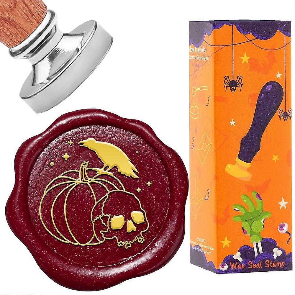 1Set Halloween DIY Scrapbook Wax Seal Stamp Sets 1Pc Silver Color Plated Brass Wax Seal Stamp Head with 1Pc Wood Handle Skull Stamp: 30mm