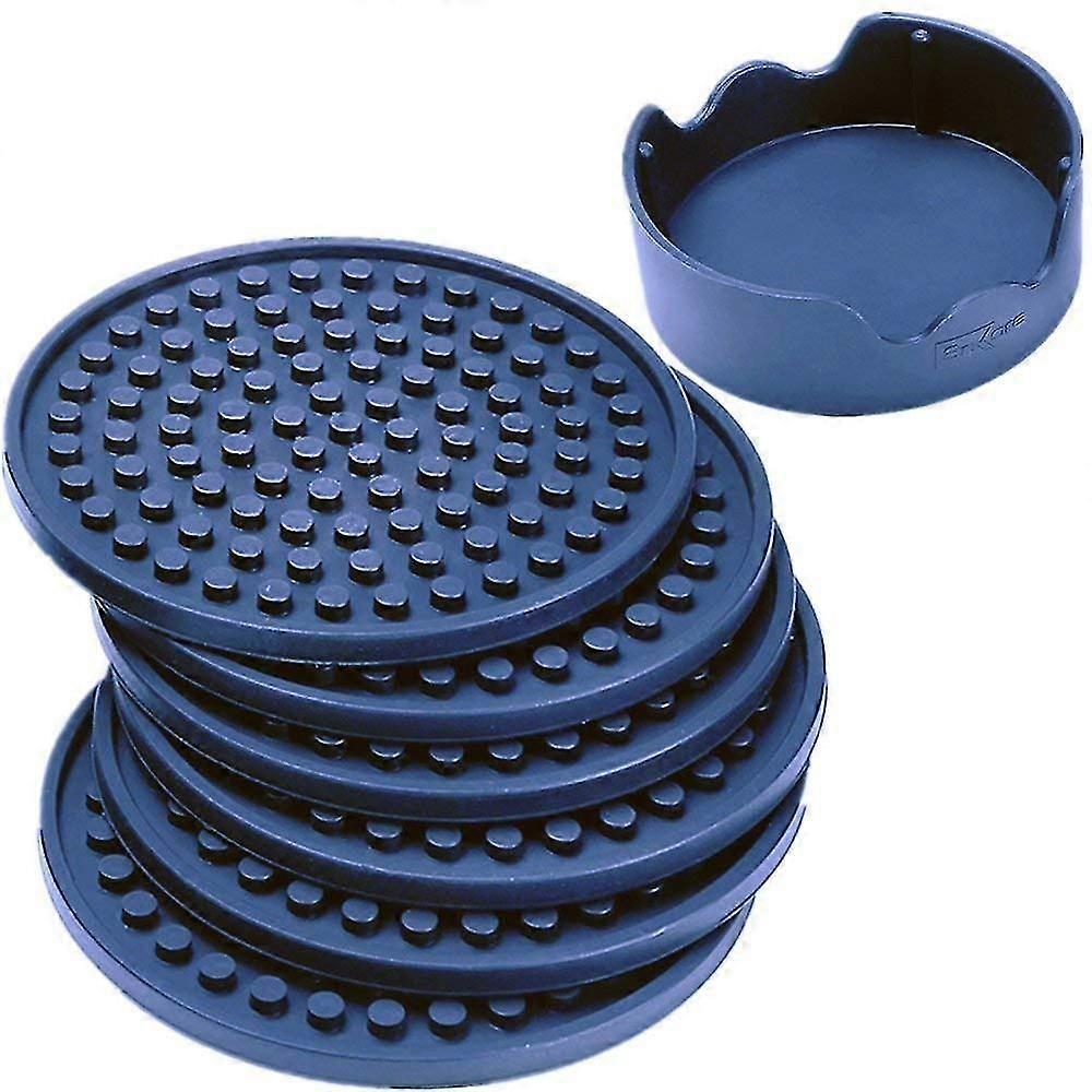 Drink Coasters Silicone Set Of 6 With Holder, Deep Navy - Good Grip, Large Size Deep Condensation Trap - Furniture Friendly Than Thirstystone,3806
