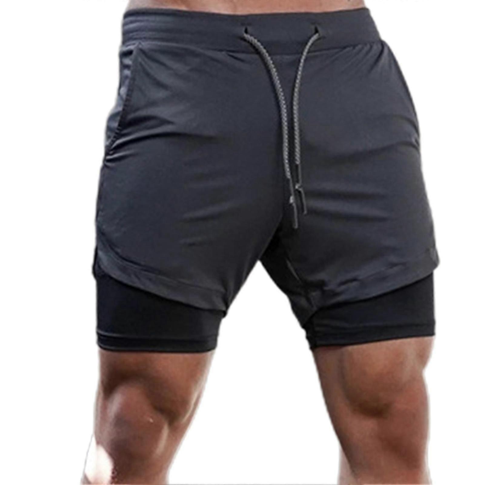 Men's Summer Running Shorts 2-in-1 Design Quick Dry Multi-Pockets Drawstring