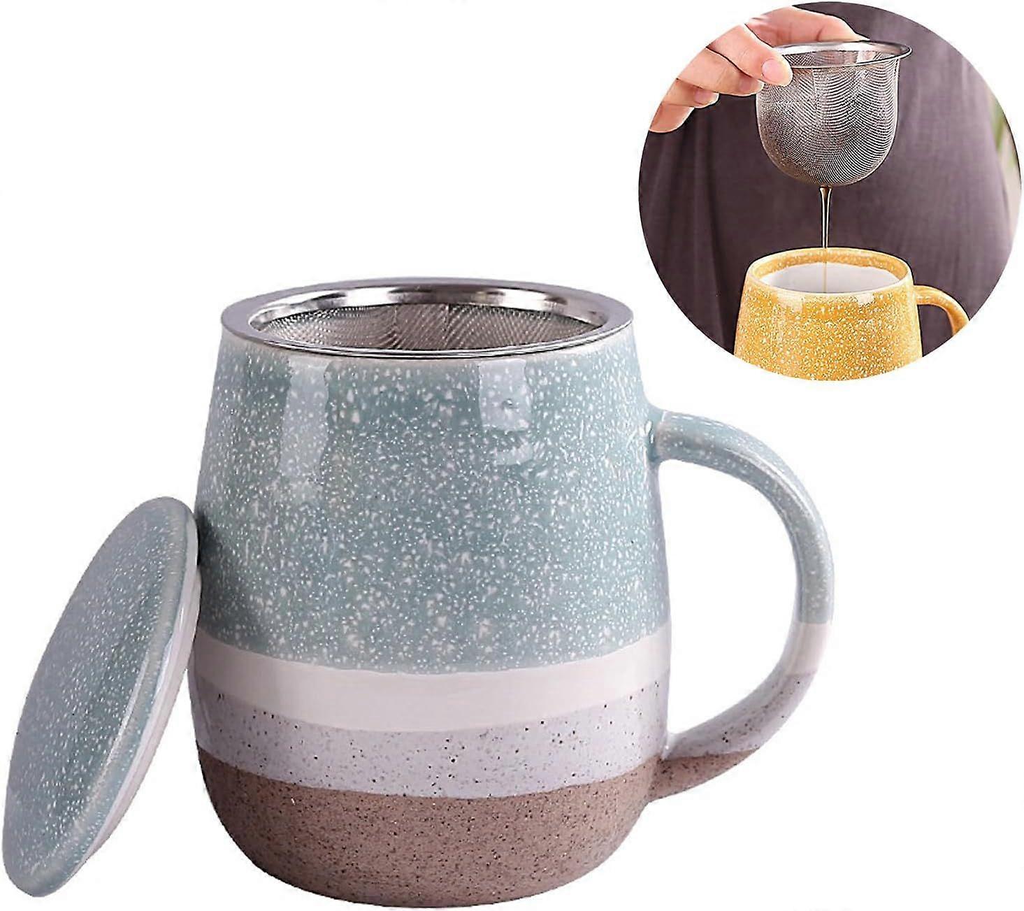 Infusion Cup with Lid and Tea Strainer Filter, Tea Cup, Coffee Cup, Ceramic Cup, 400ml, Suitable for Daily Use (Blue)