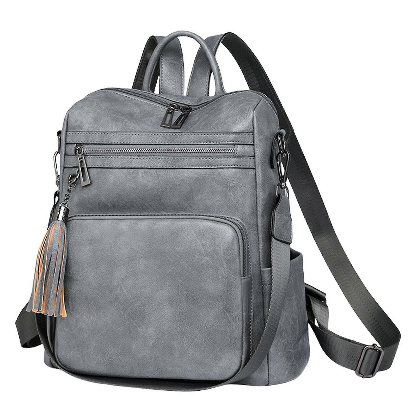 Sac à dos de voyage pour femmes à la mode Sac d'école Sac à dos décontracté Sac à bandoulière en PU avec glands et poches d'organisation Gris