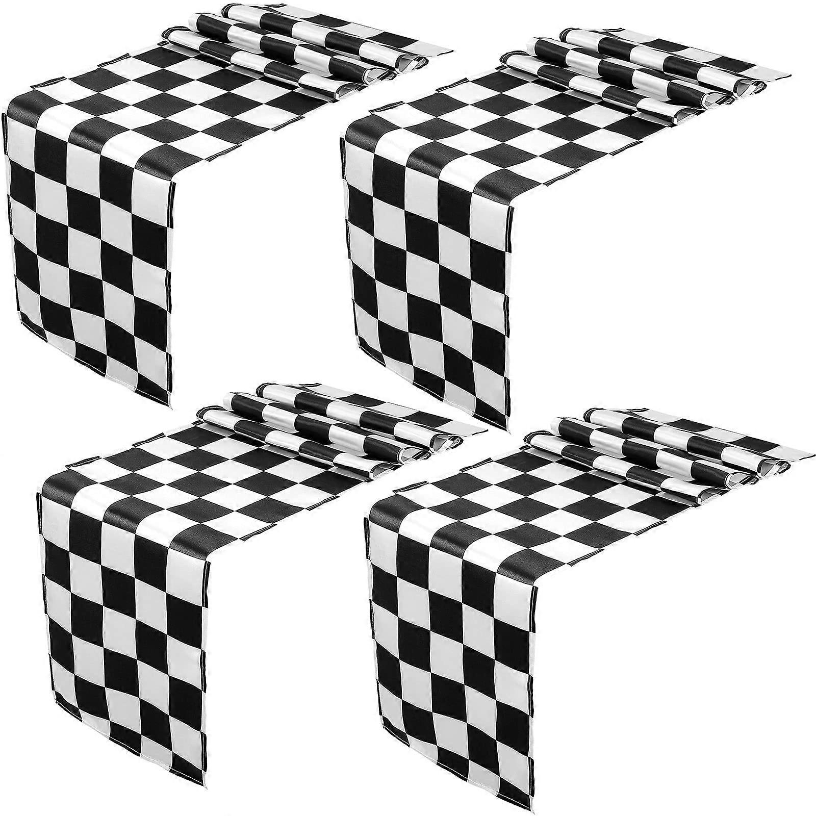 4 Pieces Table Runner Checkered Polyester Black and White Checkerboard Racing Theme Check for Decor 12 x 108 Inch