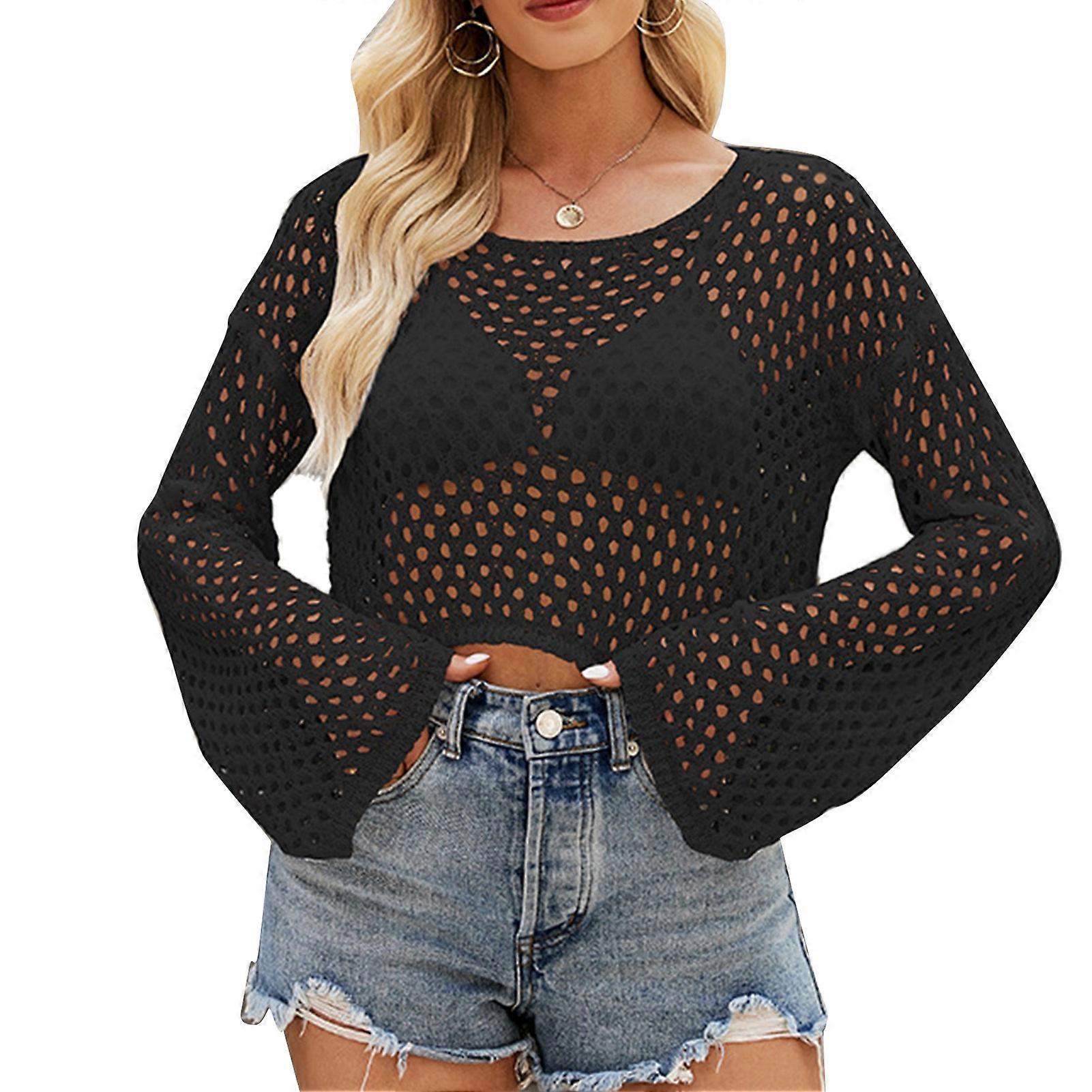 Frauen Häkeln Aushöhlen Verdecken Langarm Rundhalsausschnitt Lockere Passform Reine Farbe Bikini Net Cover Up Top
