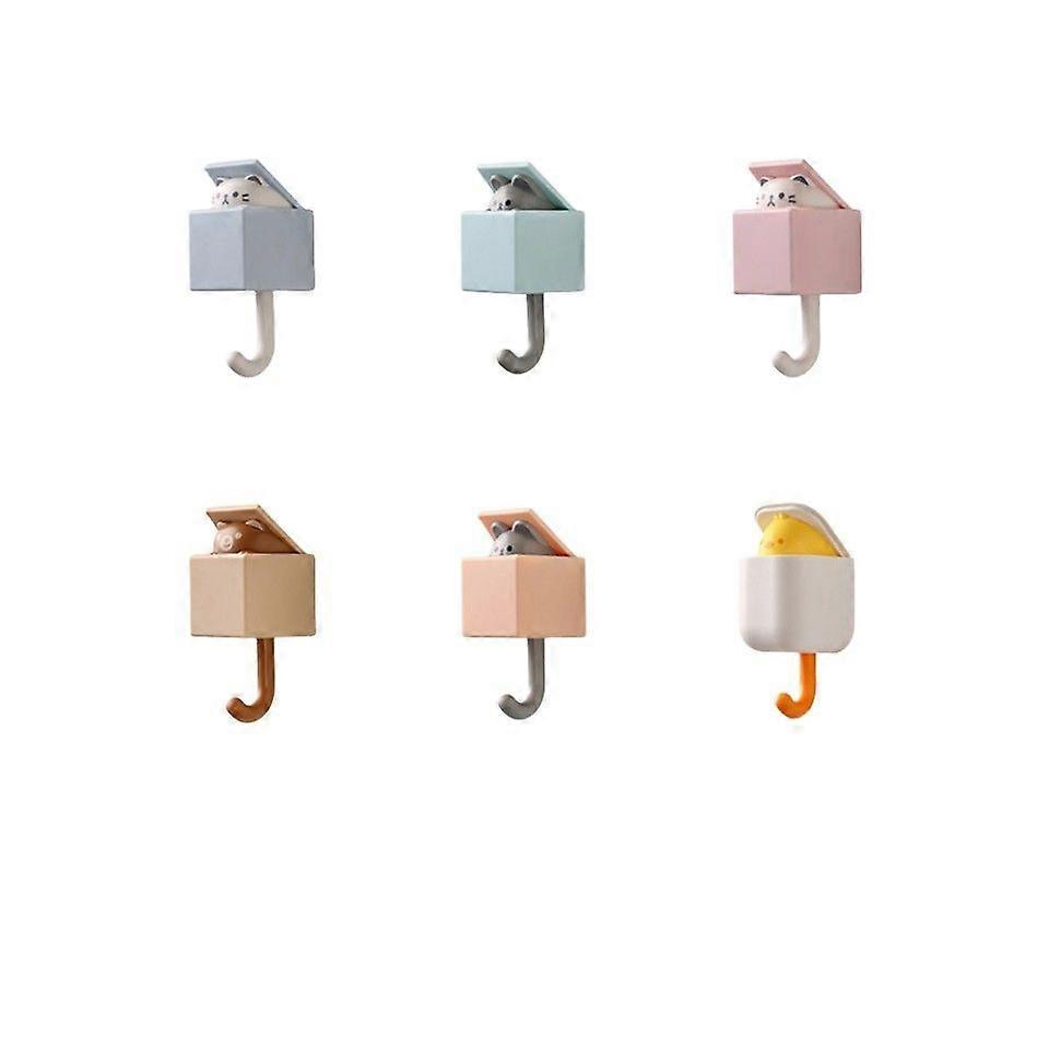 Hooks behind the door, no need to punch holes, sticky hooks, cute clothes hooks, no nails, animal hooks, entrance key storage, no trace hooks(6pcs)