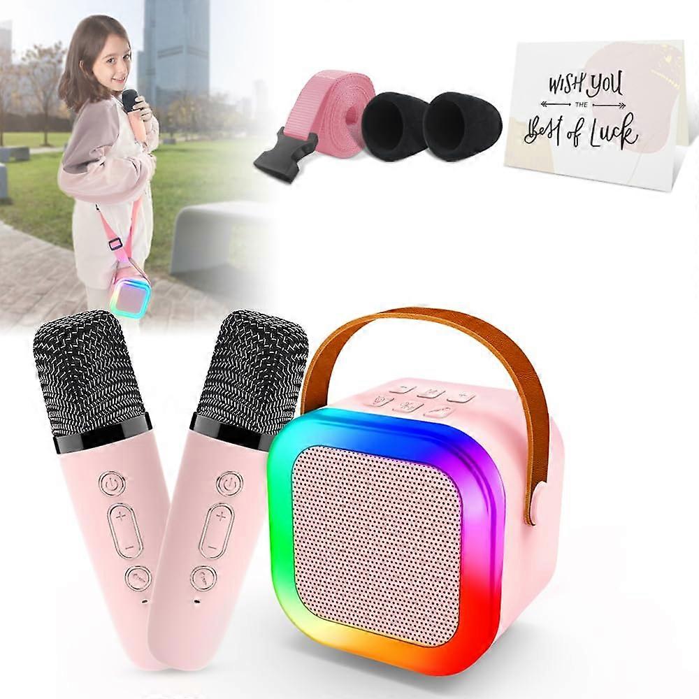 Mini Karaoke Machine for Kids, Bluetooth Speaker with Wireless Microphone (Pink, 2 mic)