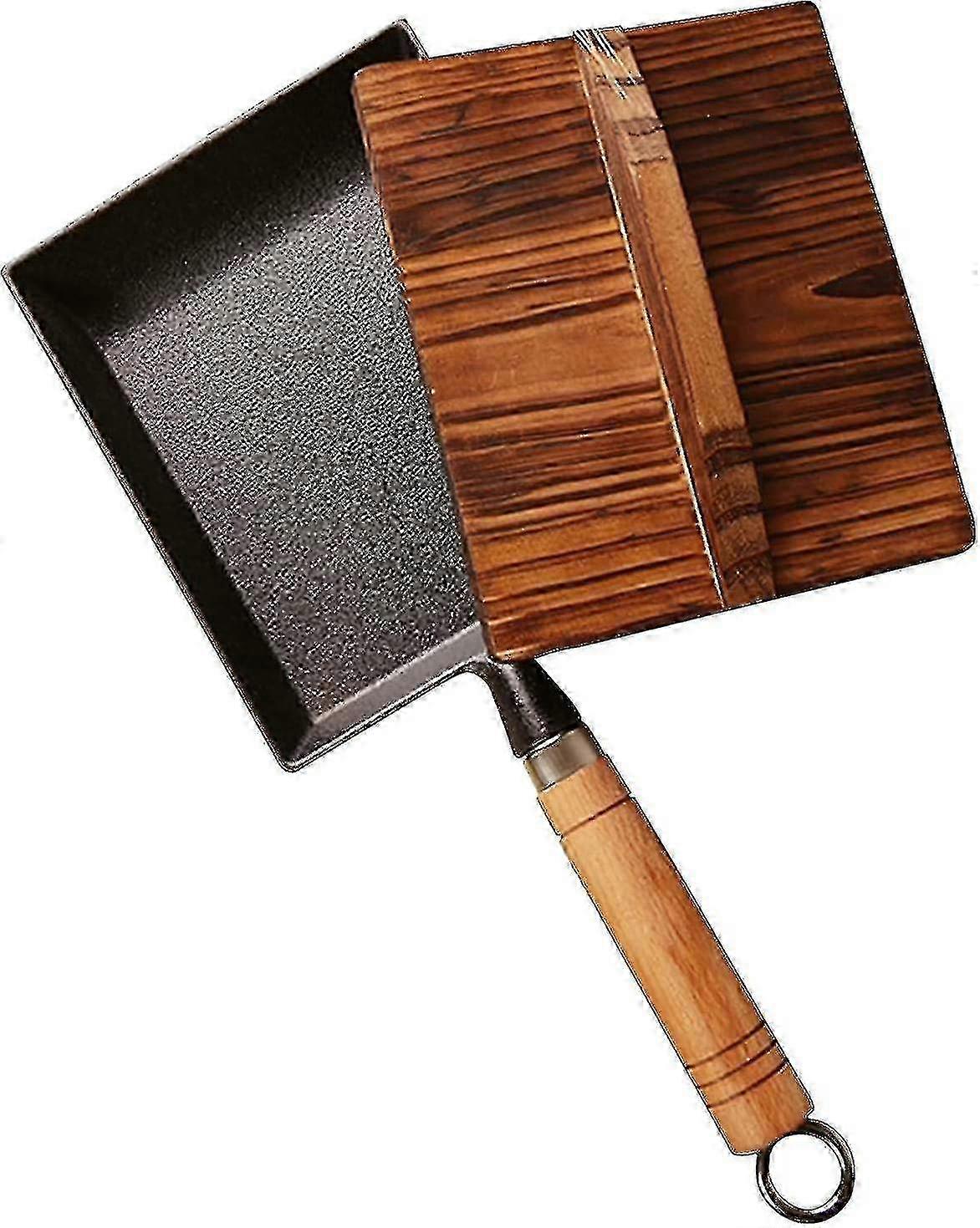 Uncoated Rectangle Japanese Omelette Frying Pan Suitable for Mini Tamagoyaki with Wooden Lid - Black Cast Iron Design