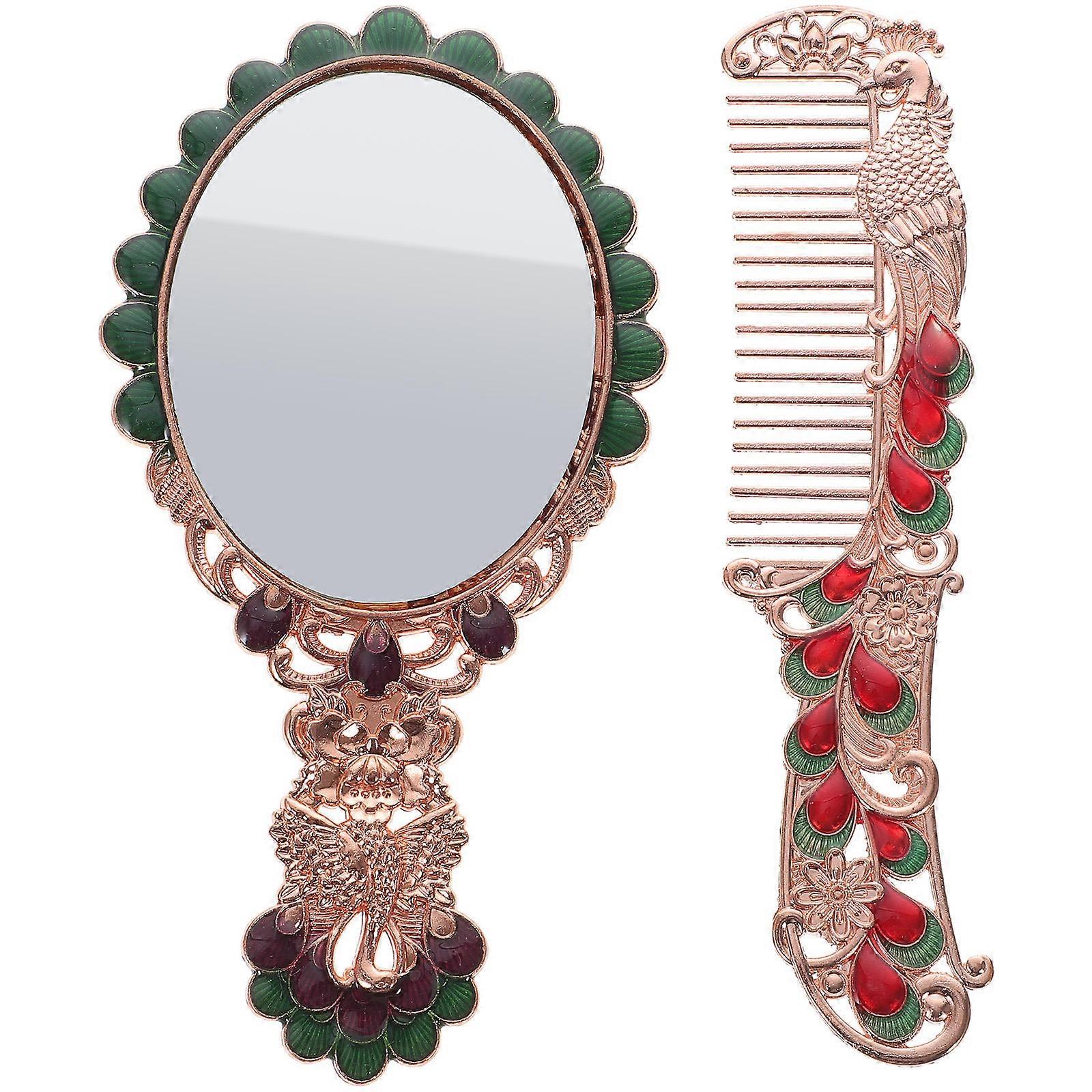 Pocket Vanity Mirror Vintage Makeup Mirror and Comb Set Portable High Definition Reflection Small 2Pcs