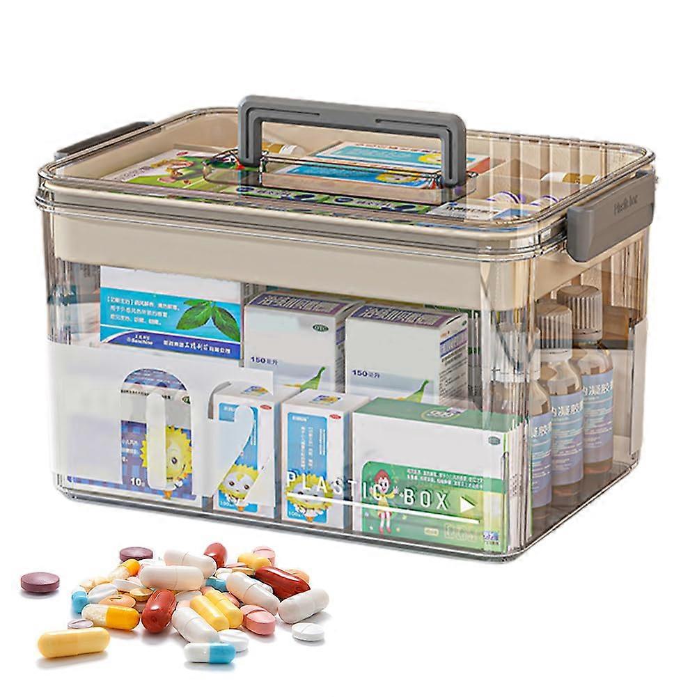 Medicine Storage Large Medicine Box With Handles, Double Layer Organiser, Grey 29 X 21 X 17 Cm For Home Use