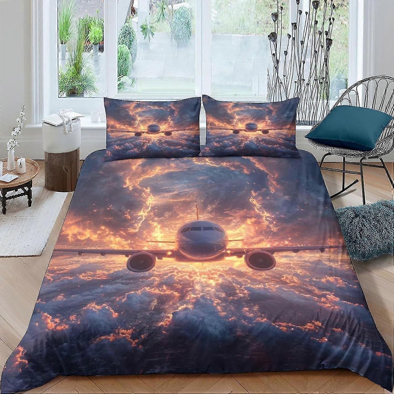 Conjunto de cama de avião impresso em 3D para crianças, capa de edredom com zíper oculto e fronha, capa de cama de casal