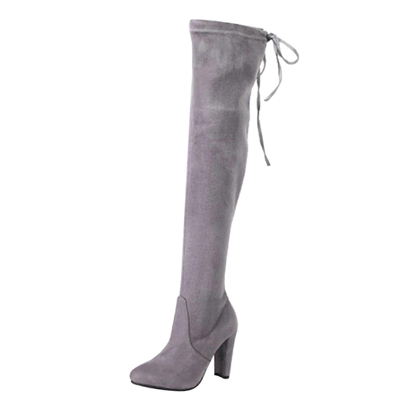 Women's Knee-Length High Stretch Boots with Thick Heel, Slim Fit, Sexy Socks, Classic Grey, Size 30 EU