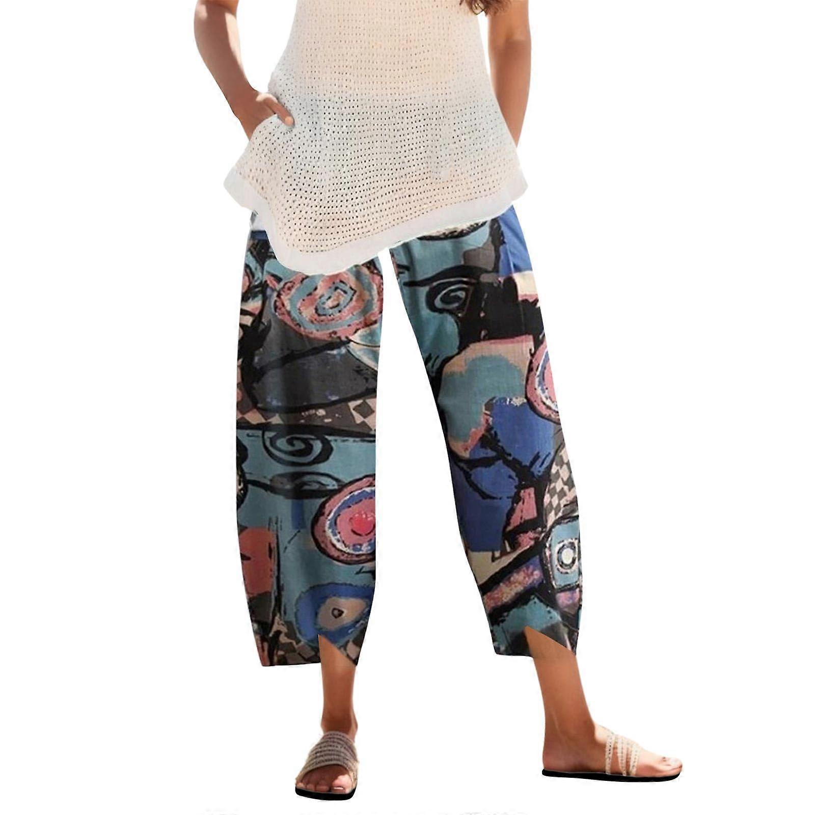 Oversized Summer Pants 7/8 Length Capri Lightweight Breathable High Waist Loose Fit With Pockets Solid Blue