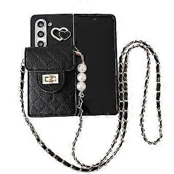 Luxuoso coração Crossbody Lanyard Strap Wallet Case para Samsung Galaxy Z Fold 6 com suporte de cartão com zíper & Alça de ombro