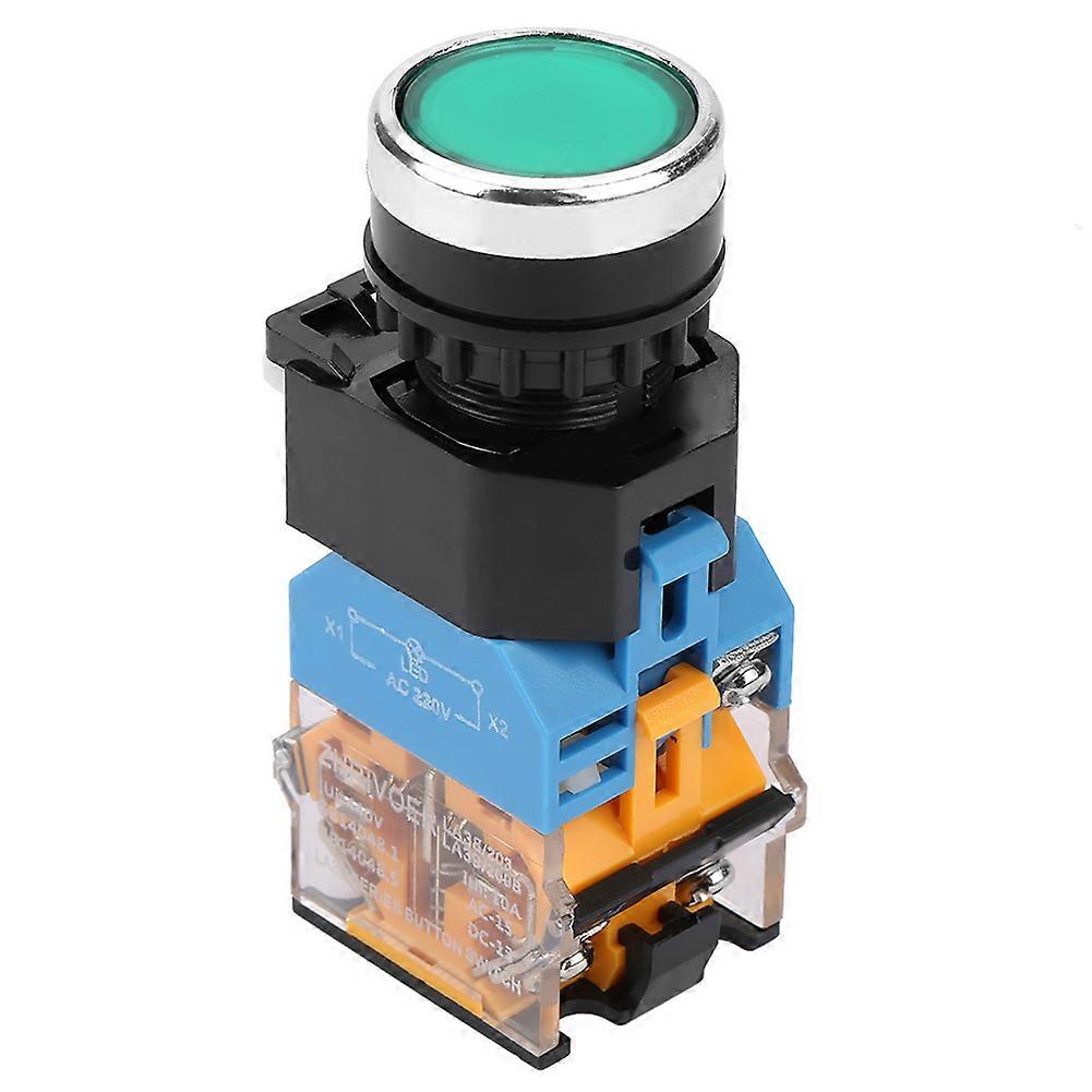 22mm Flat Head Green Push Button Momentary Switch With LED Light 220V