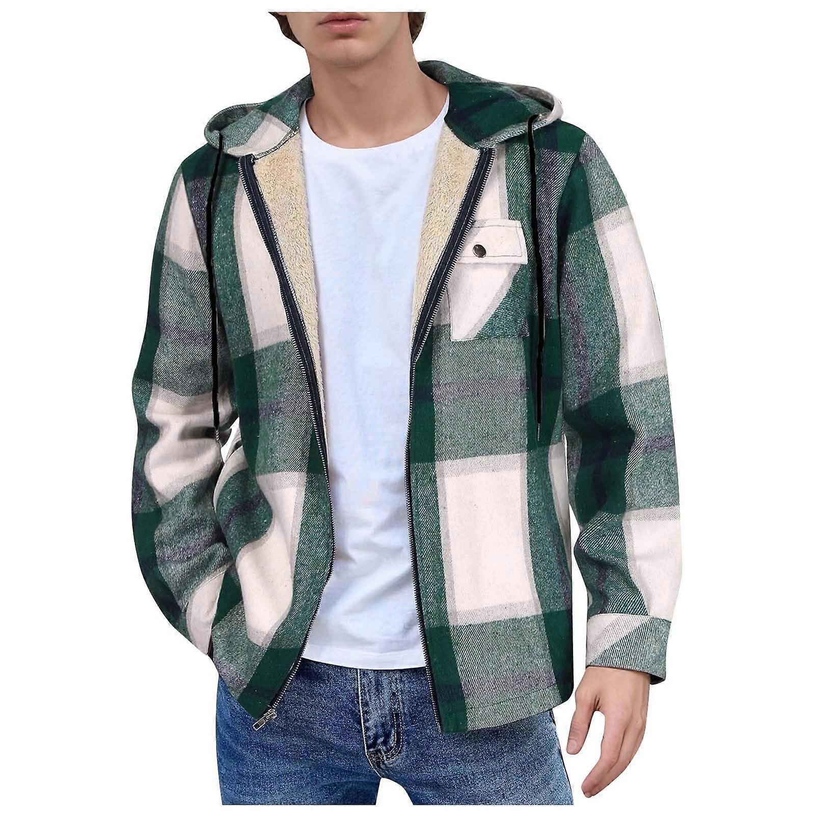 Hoodie Men's Flannel Jacket Thick Checked Winter Coat with Fleece Lining and Pockets Grün Size S