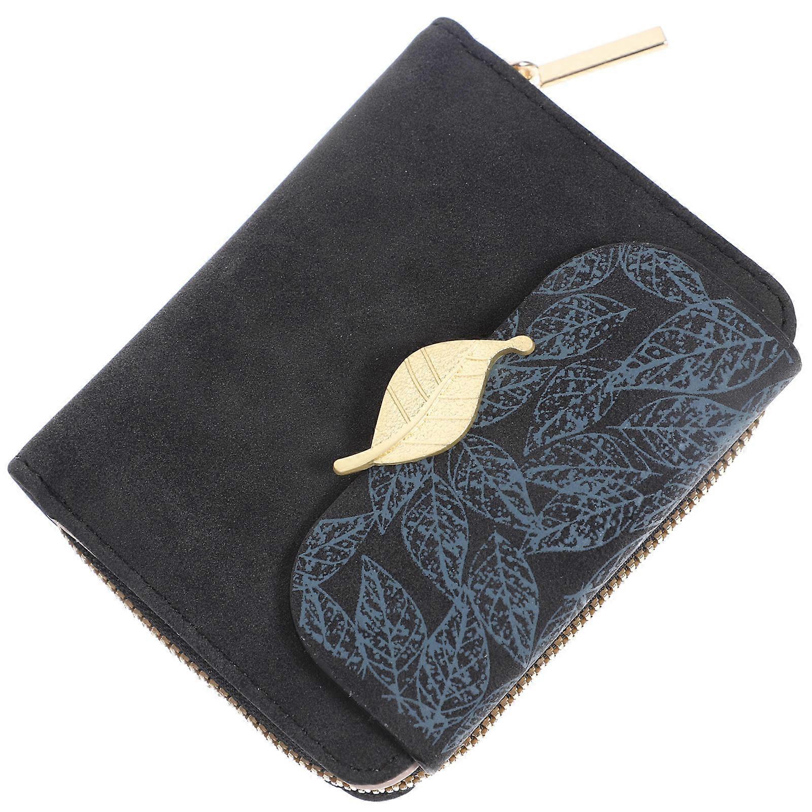Black PU Women Wallet Clutch with Zipper Closure for Cards and Money, Compact Size
