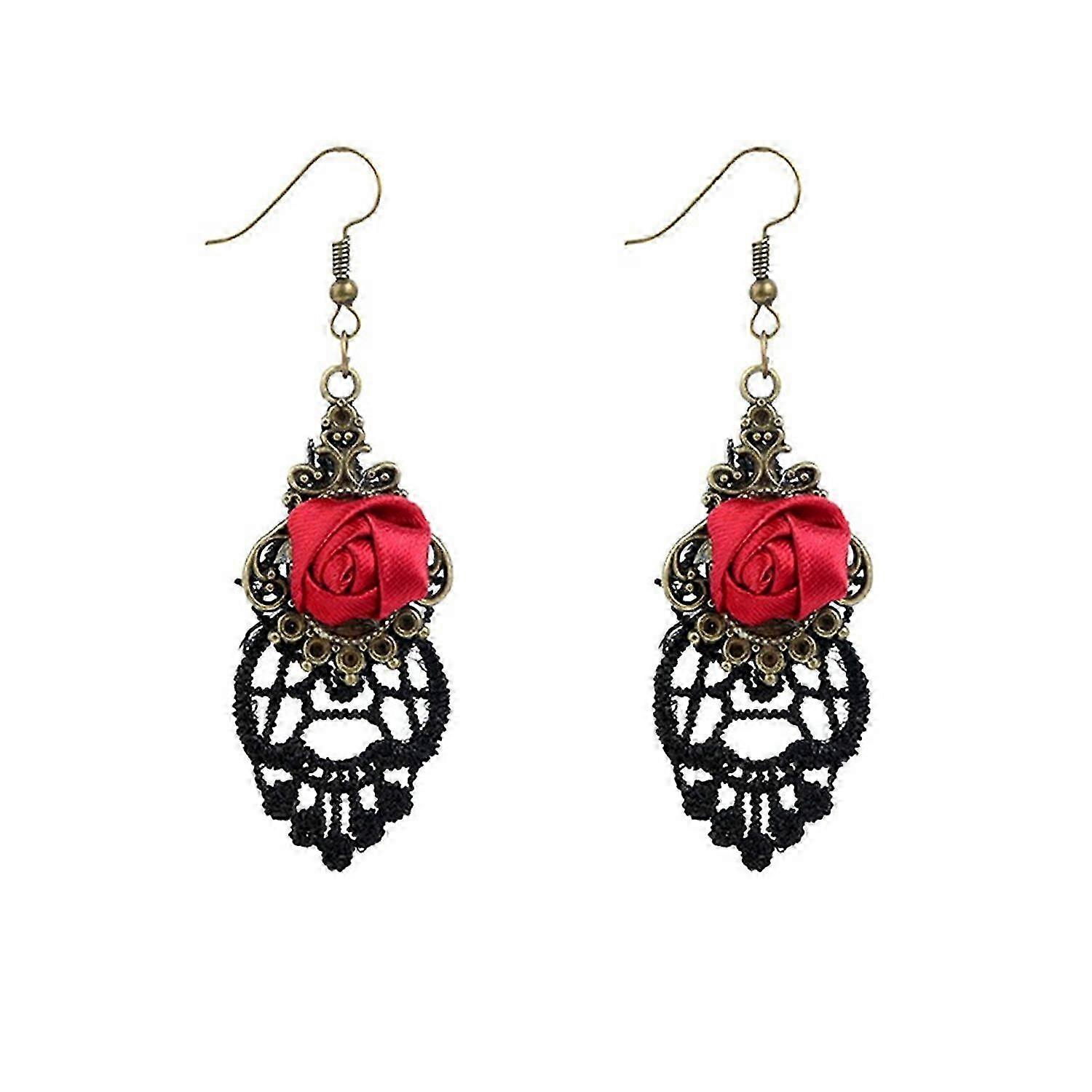 Retro Style Lace Dangle Red Rose Flower Earring Alloy Fishhook Jewe...