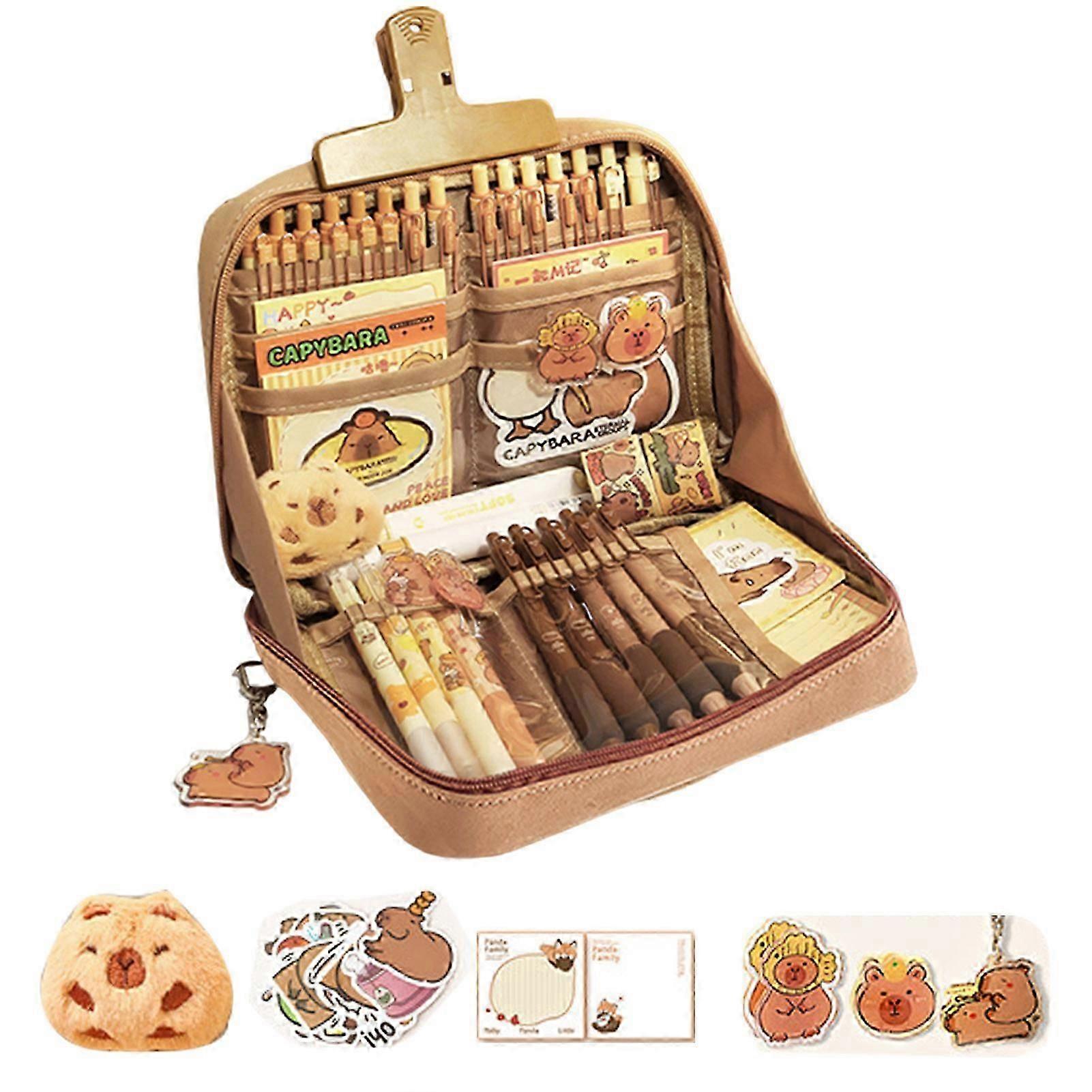 Trousse à crayons Capybara mignonne, fournitures scolaires Capybara, trousse à crayons à large ouverture avec épingles mignonnes, autocollants en peluche, pendentif et bloc-notes