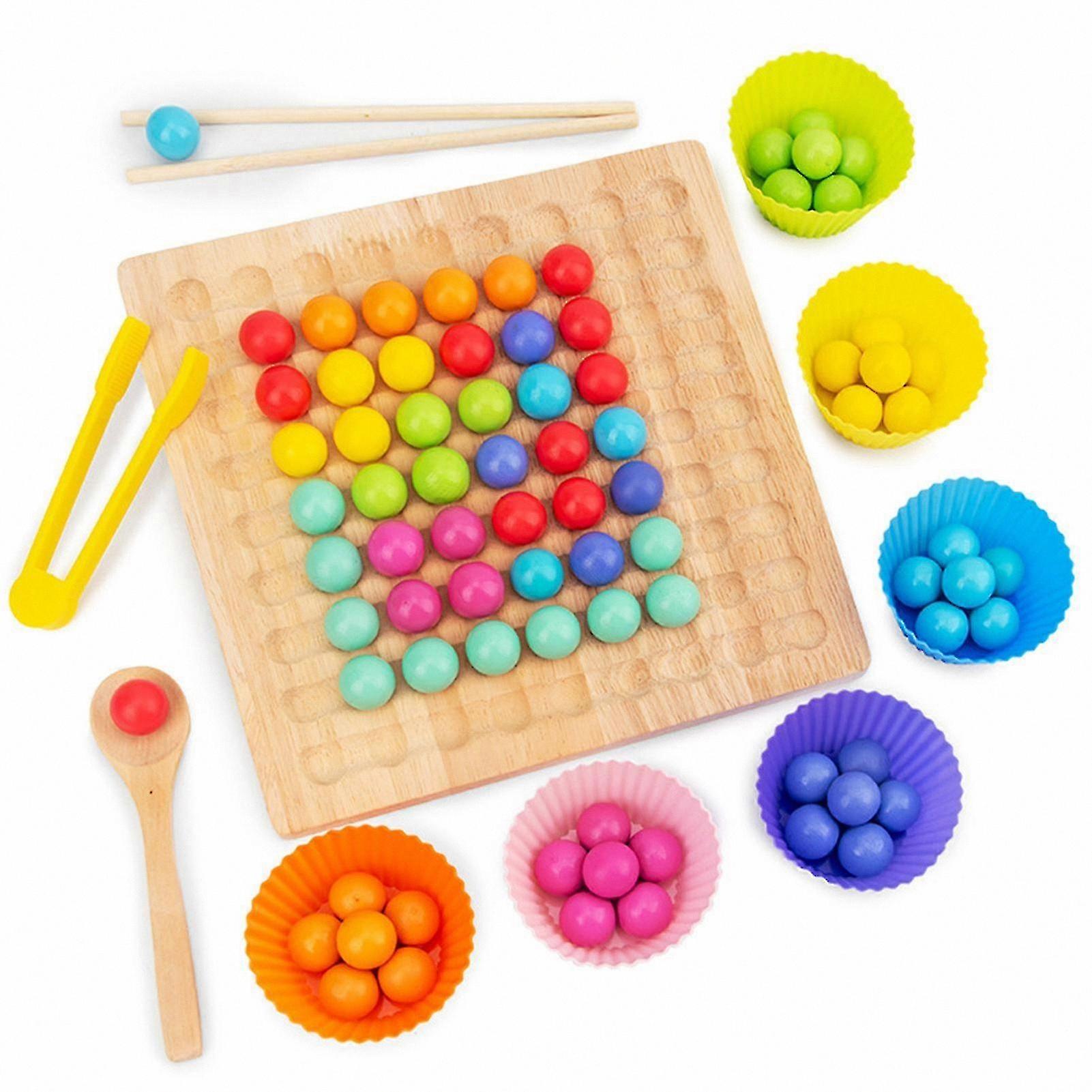 Colorful Beads and Wooden Board Game with Clips and Bowls for Cognitive Skill Development