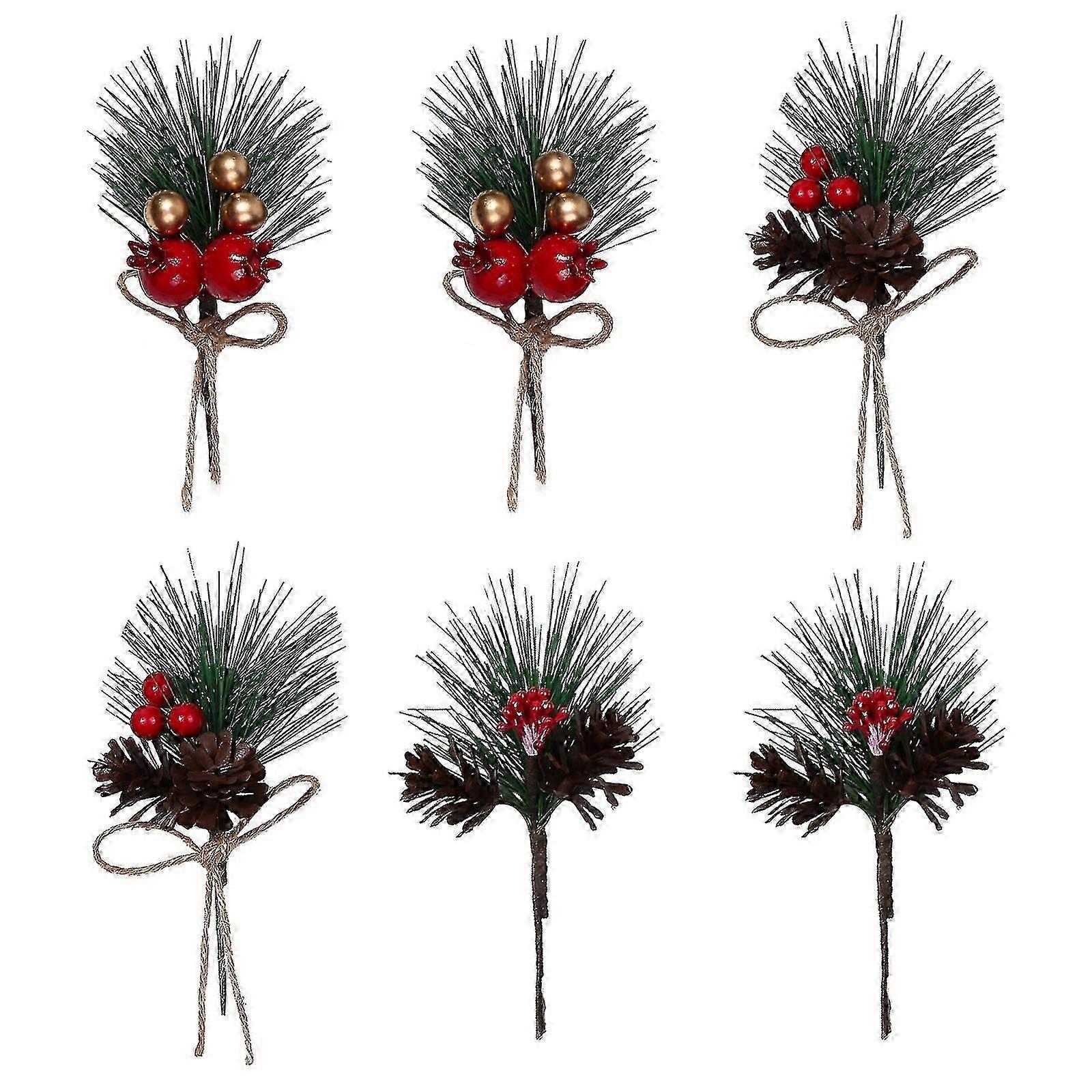 Mini Artificial Pine Picks, Christmas Decorations Set of 6 with Red Berries