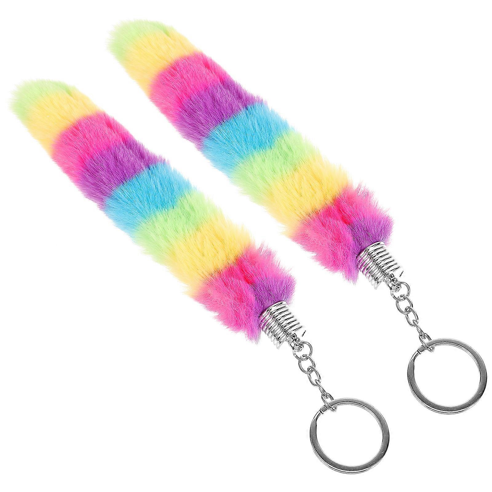 Fuzzy Keychain Plush Rainbow Strip Keychains for Decoration 10Pcs