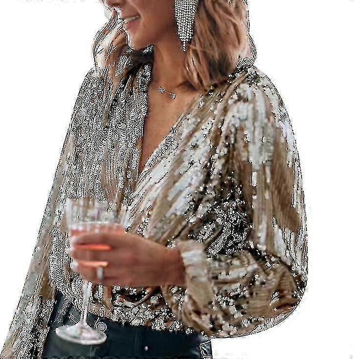 Donne paillettes Sparkle V scollo camicia a maniche lunghe per partito