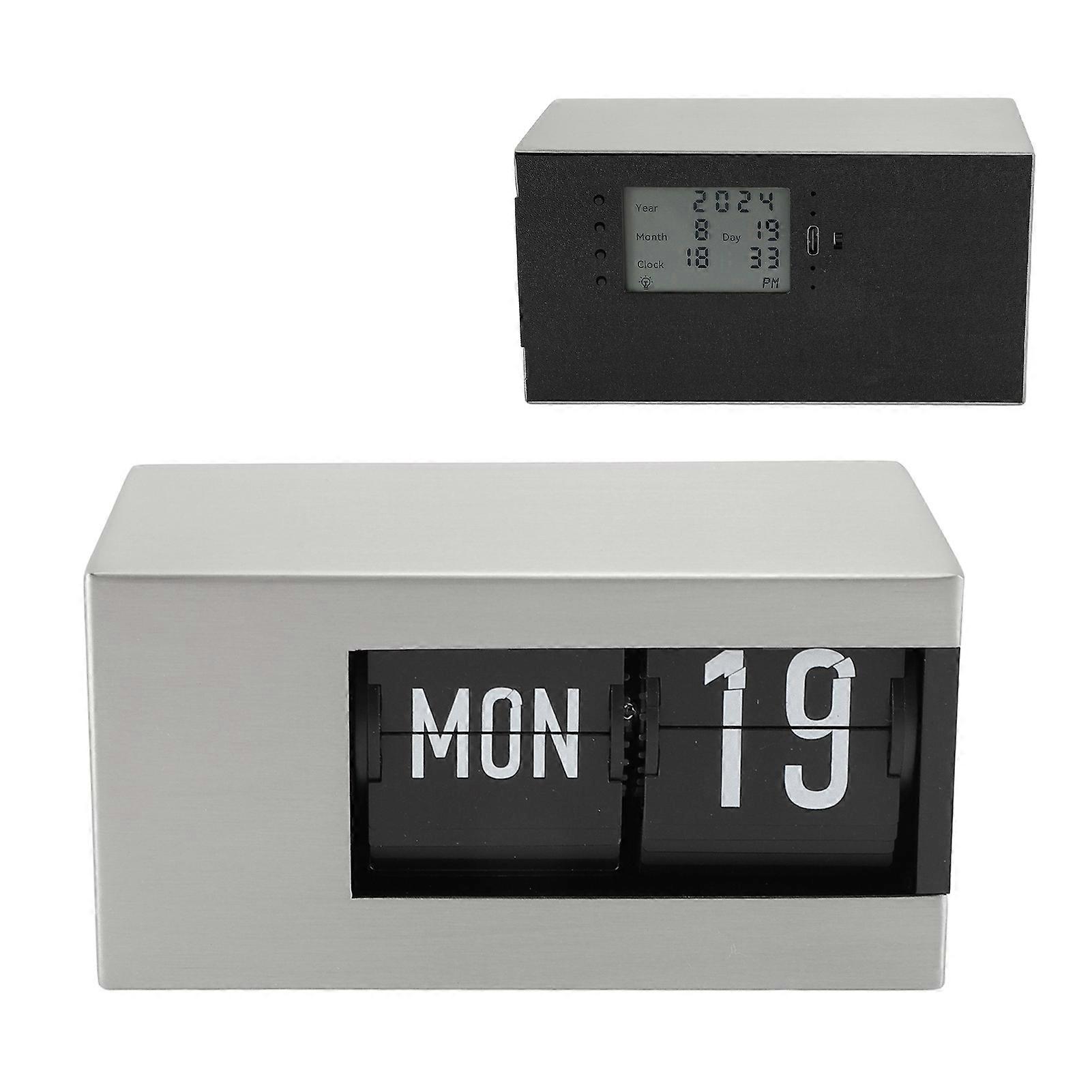 Calendar Flip Clock Elegant Fashion Multipurpose Desk Decorative Digital Flip Down Clock for Home Room Office Silver 
