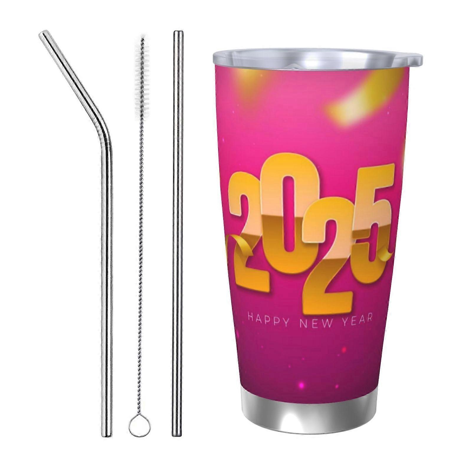 Tasse à café isotherme portable en acier inoxydable avec couvercle, 59 cl, « Bonne année 2025 »