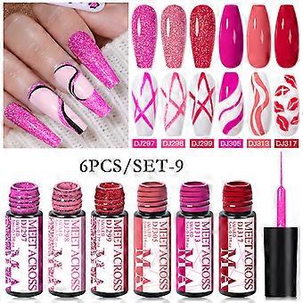 MEET ACROSS 6Pcs/Set Glitter Line Gel Nail Polish White Black Pink Nail Art Liner UV Gel DIY Painting Drawing Varnish For Nails